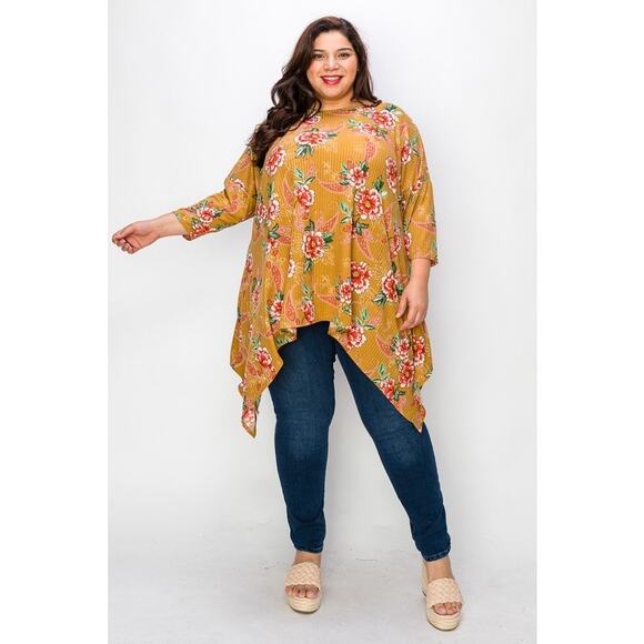 055 Curvy Lovey Flower Print Side Drape Tunic Top in Mustard - Picture 5 of 5